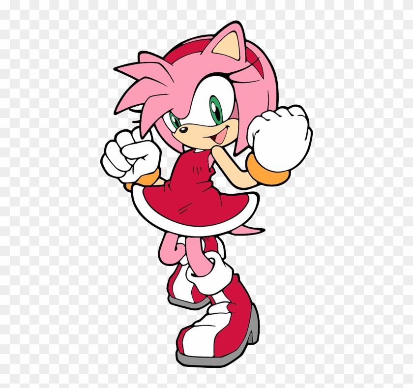 Amy Rose, pink hedgehog from Sonic the Hedgehog, posing energetically in her red dress and boots.