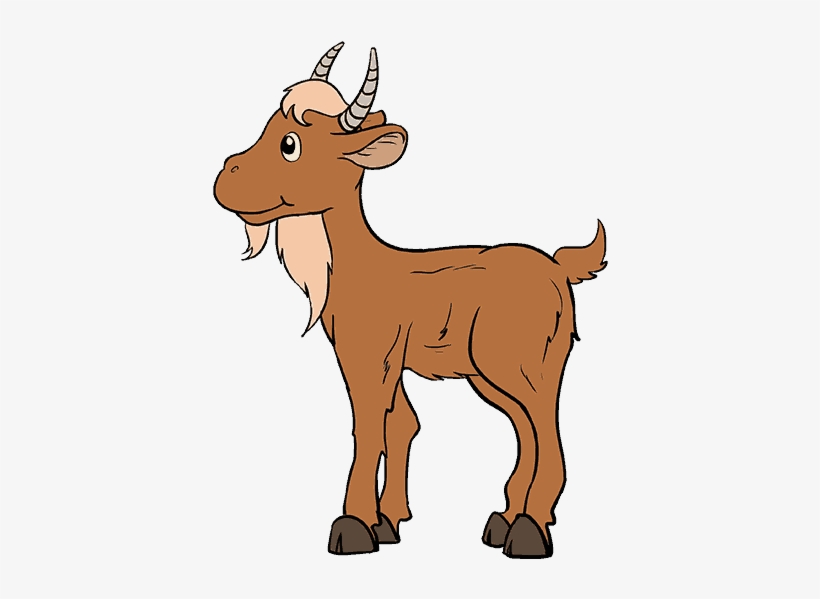 Cartoon illustration of a brown goat with curved horns, beard, and friendly expression standing in profile.