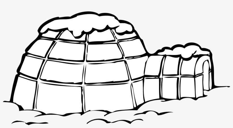 Black-and-white line drawing of a traditional snow igloo with dome structure and entrance tunnel, covered in snow.