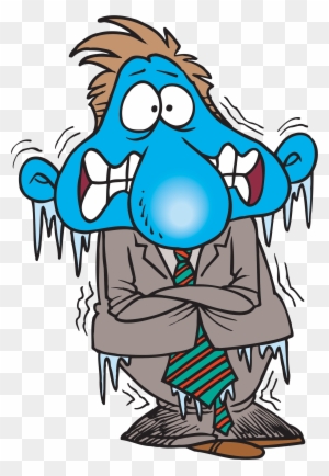 Blue cartoon man shivering with icicles, arms crossed, wearing suit and tie, exaggerated cold expression.