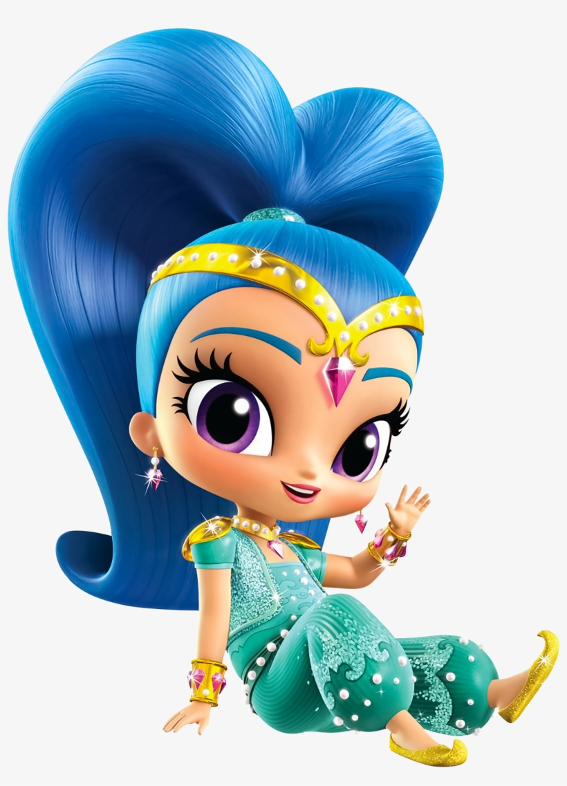 Shimmer, a blue-haired animated genie girl in teal outfit with gold accessories, waving cheerfully.