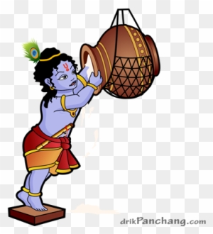 Krishna as a child stealing butter from a hanging pot, depicted in traditional Indian art style with peacock feather crown.