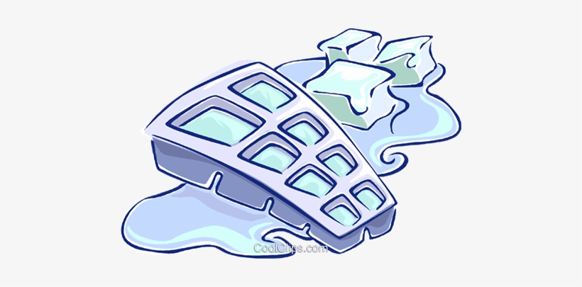A cartoon-style ice cube tray with melting ice cubes and puddles of water around it.
