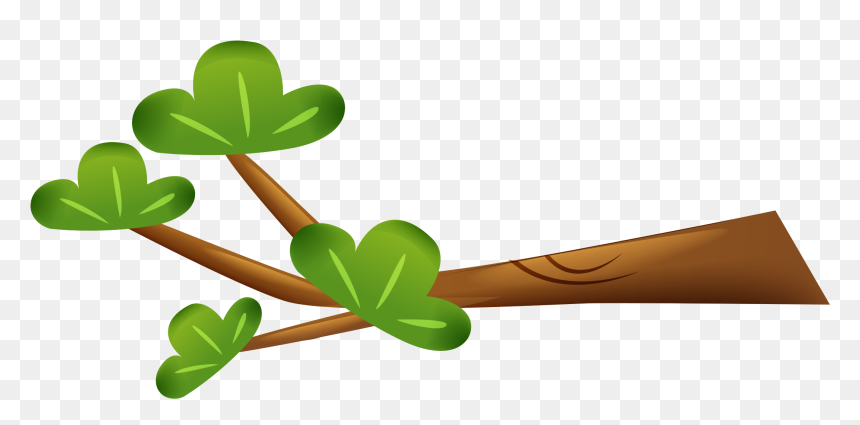 Illustrated brown tree branch with four green heart-shaped leaves on transparent background.