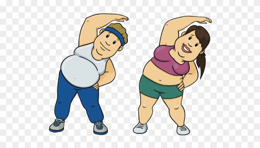 Two cartoon adults with larger body types doing side-stretch exercises, smiling and wearing workout clothes.