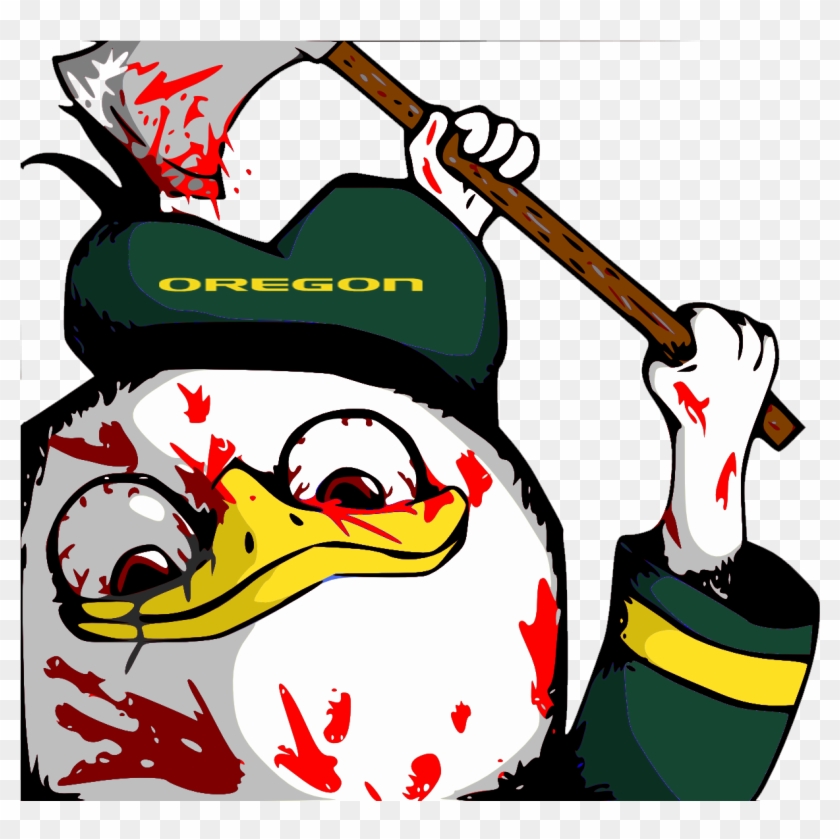 A cartoon duck in an Oregon cap wielding a blood-splattered axe, with gory facial details and aggressive expression.