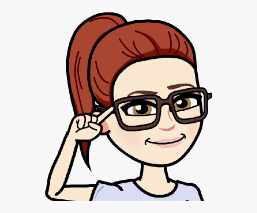 Cartoon woman with red ponytail, glasses, and finger to temple in thoughtful pose.