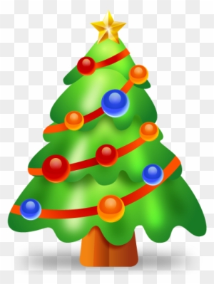 Decorated green Christmas tree with red, blue, and orange ornaments, red ribbons, and a golden star on top.