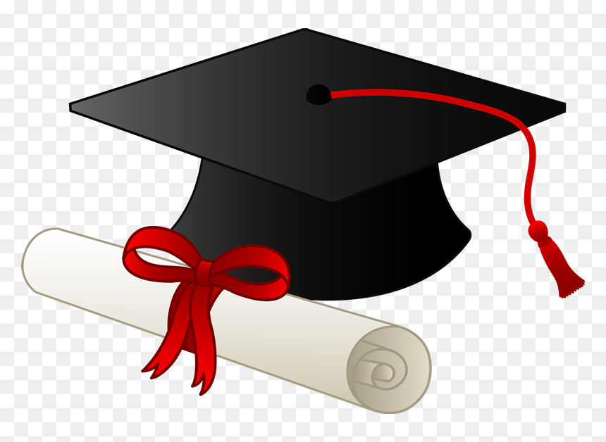 Black graduation cap with red tassel and rolled diploma tied with red ribbon.