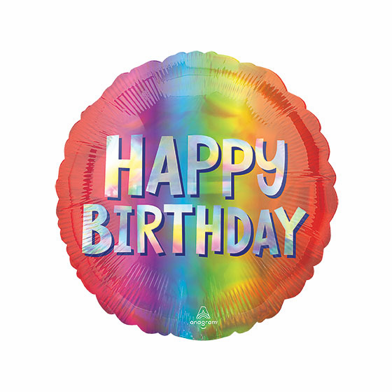 Rainbow holographic "Happy Birthday" foil balloon with scalloped edge and Anagram logo.