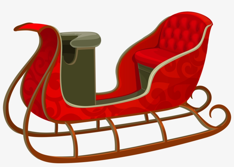 Red ornate Santa sleigh with tufted upholstery, decorative swirls, and polished wooden runners.