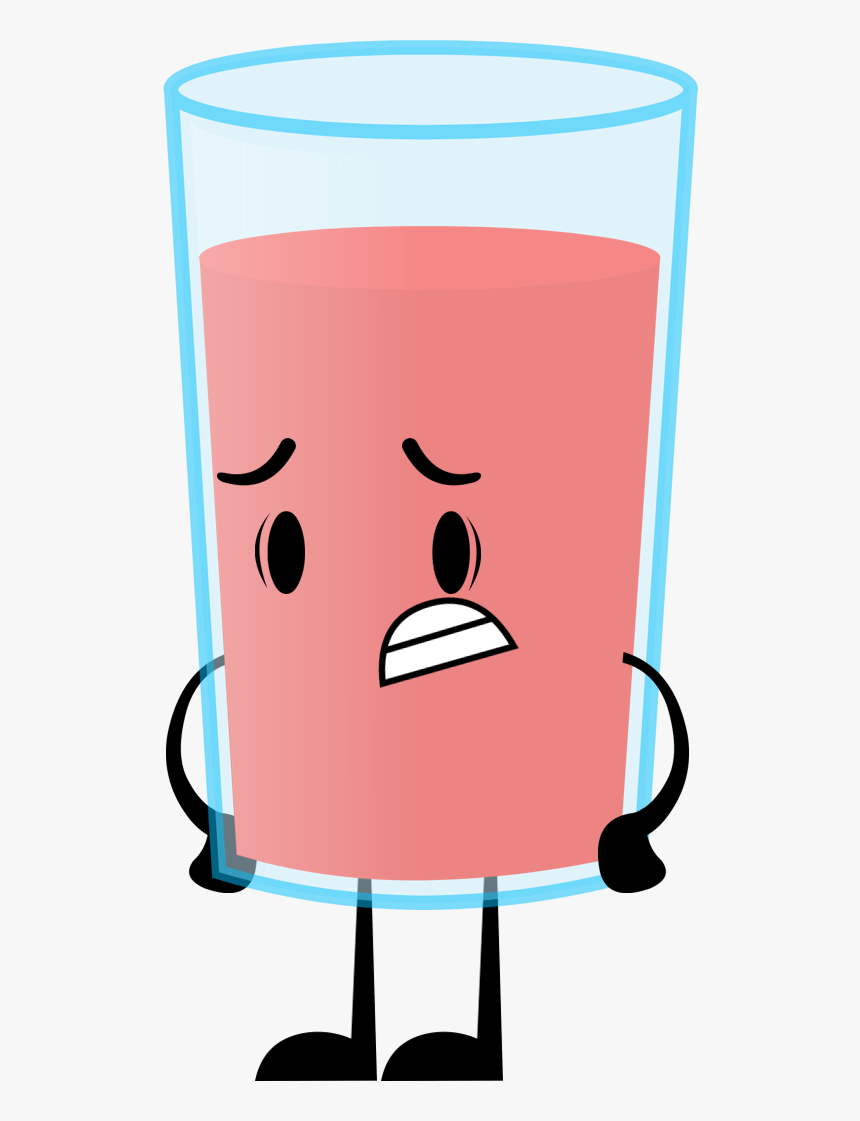 A cartoon glass of pink juice with a worried face, arms, and legs.