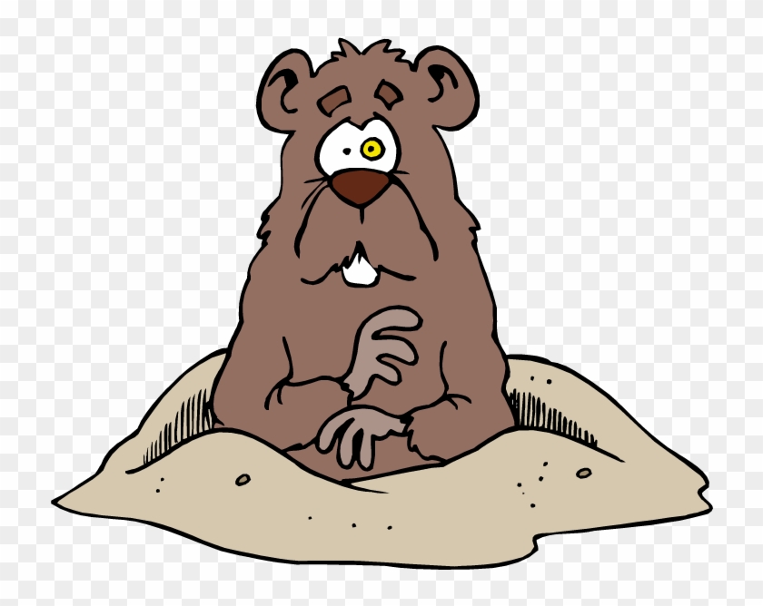Cartoon groundhog peeking from a sandy burrow with wide eyes and a surprised expression.