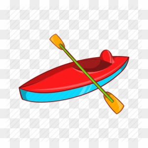Red and blue cartoon kayak with a yellow paddle on transparent background.