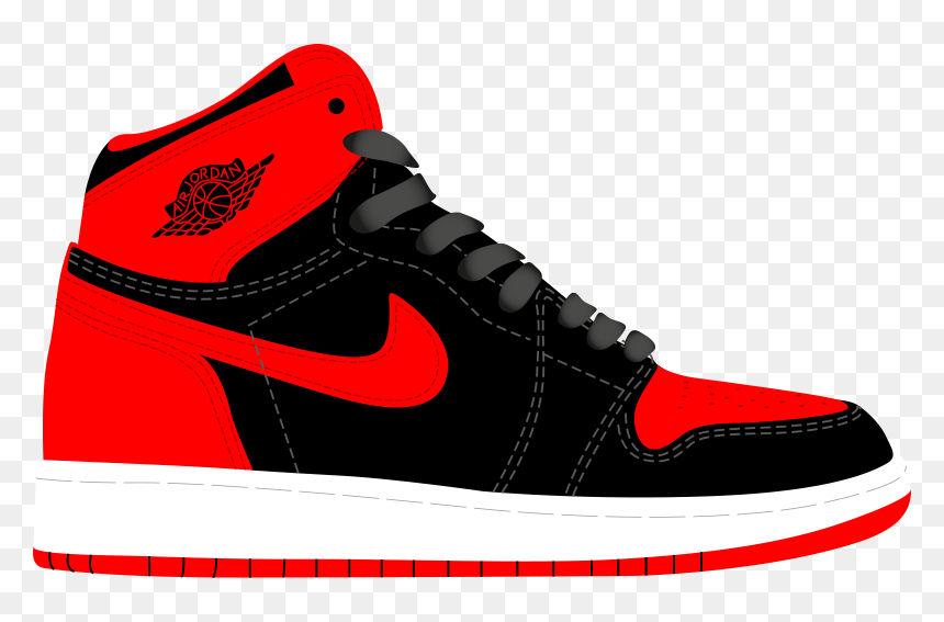 Red and black high-top Air Jordan 1 sneaker with Nike swoosh and Jumpman logo on heel.