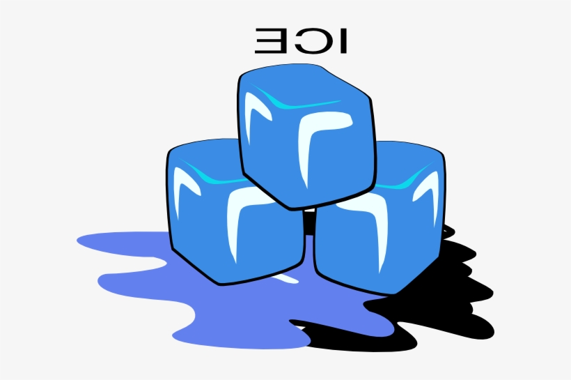 Three blue ice cubes melting into a puddle, with the word "ICE" above them.