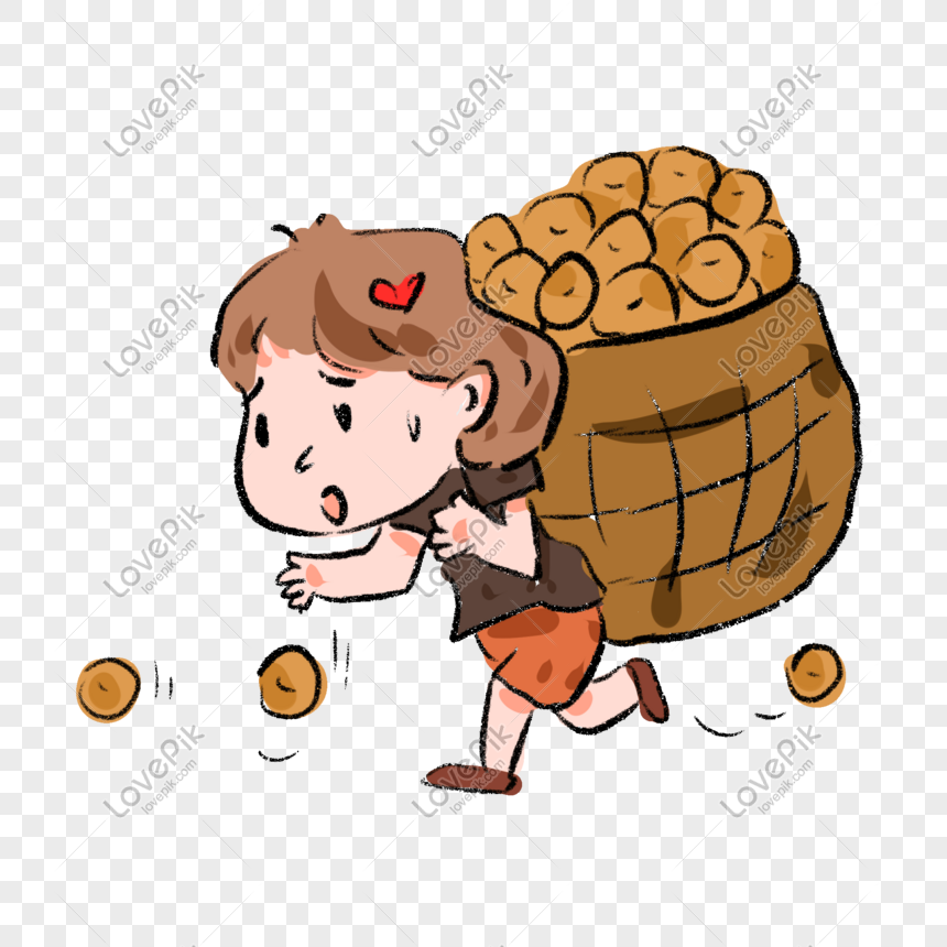 A cartoon boy struggling to carry a heavy sack of gold coins, some spilling out as he runs.