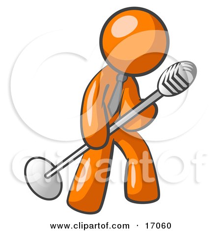 Orange cartoon figure holding a vintage microphone, singing or speaking passionately.