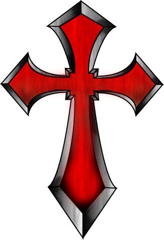 A stylized red and black gothic cross with sharp, pointed arms and metallic silver edges.