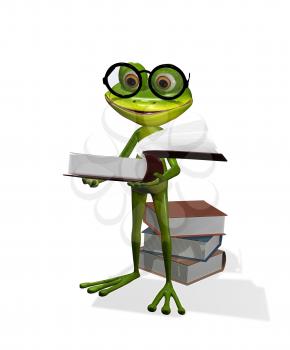 Green cartoon frog wearing glasses, holding an open book, standing beside a stack of books.