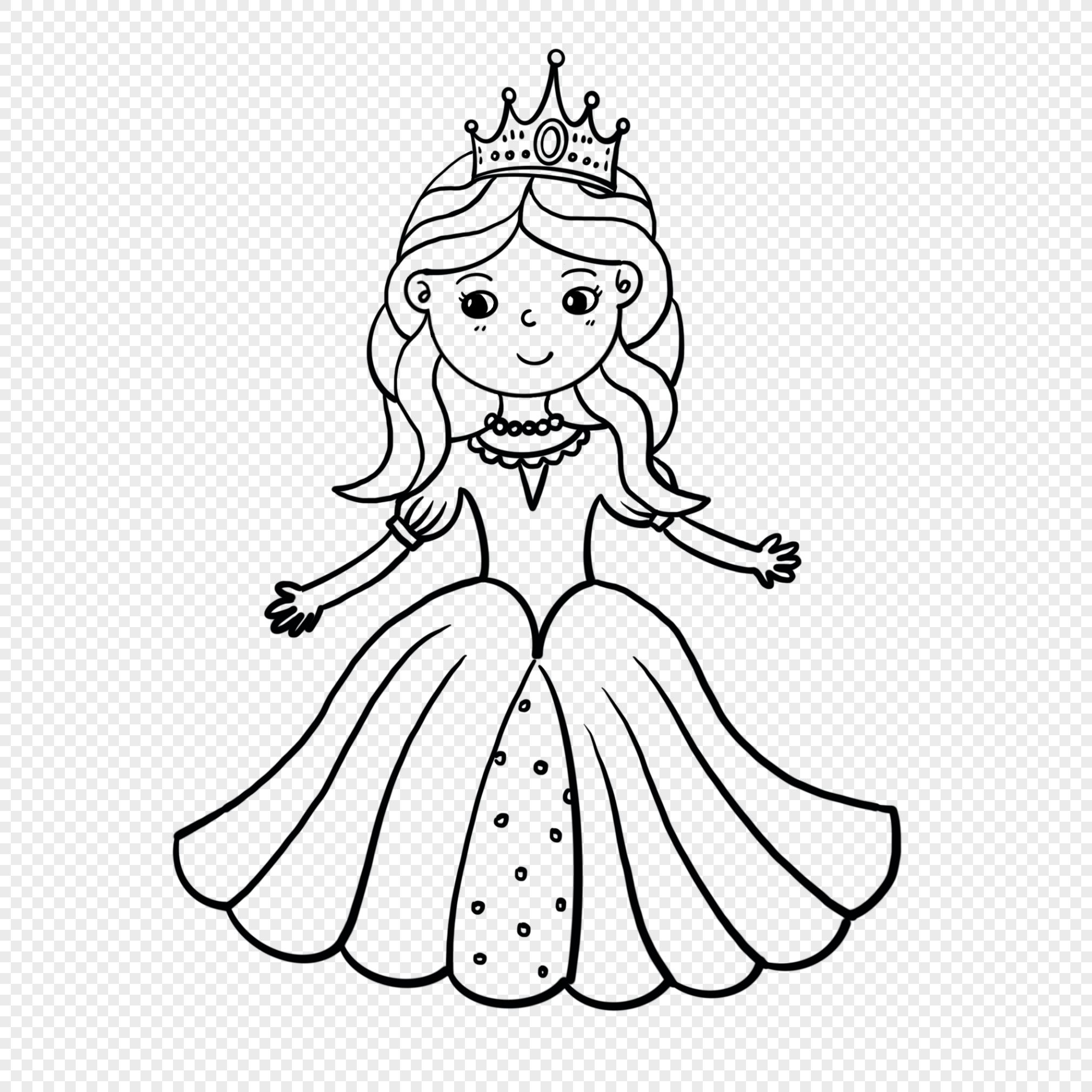 Black-and-white line drawing of a smiling princess wearing a crown and elegant gown, arms outstretched.