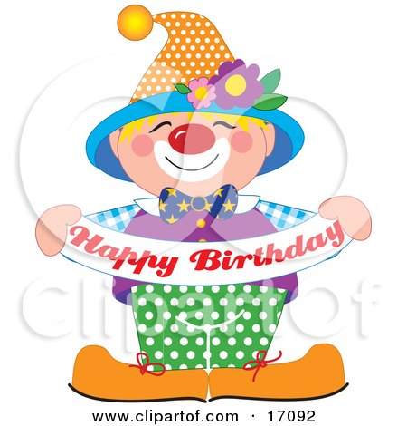 Cheerful clown holding "Happy Birthday" banner, wearing polka-dot hat and outfit with flowers and bowtie.