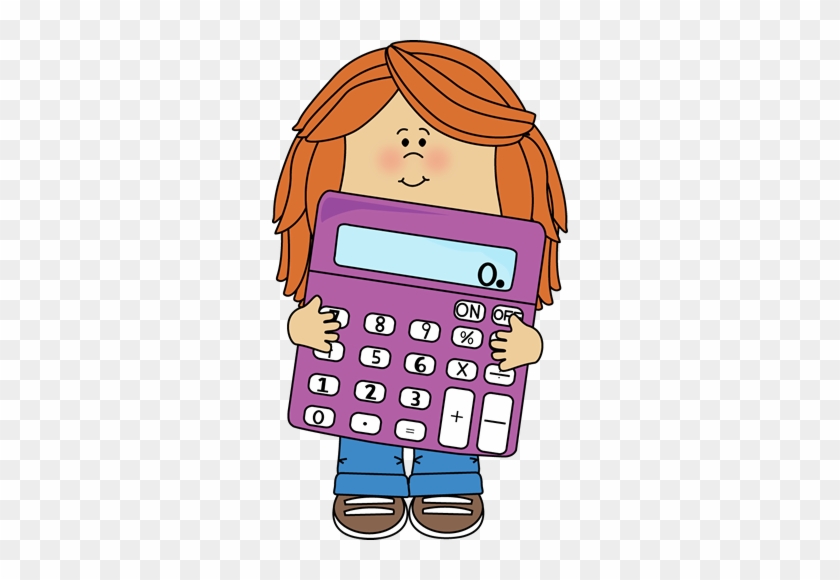 Cartoon girl with red hair holding a large purple calculator showing "0."