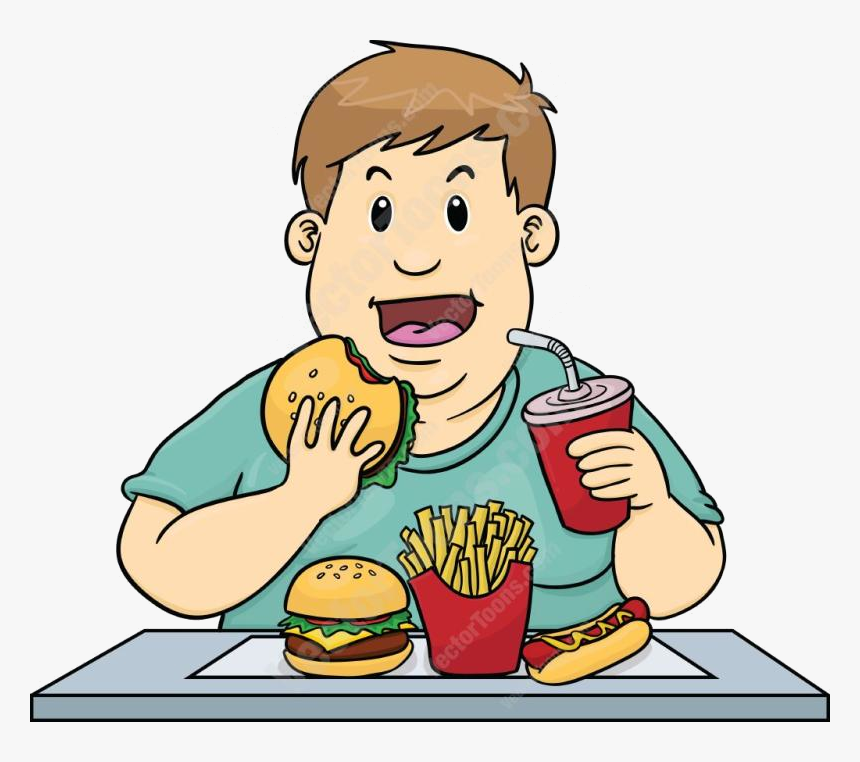 Overweight boy eating a burger, fries, hot dog, and soda at a table.