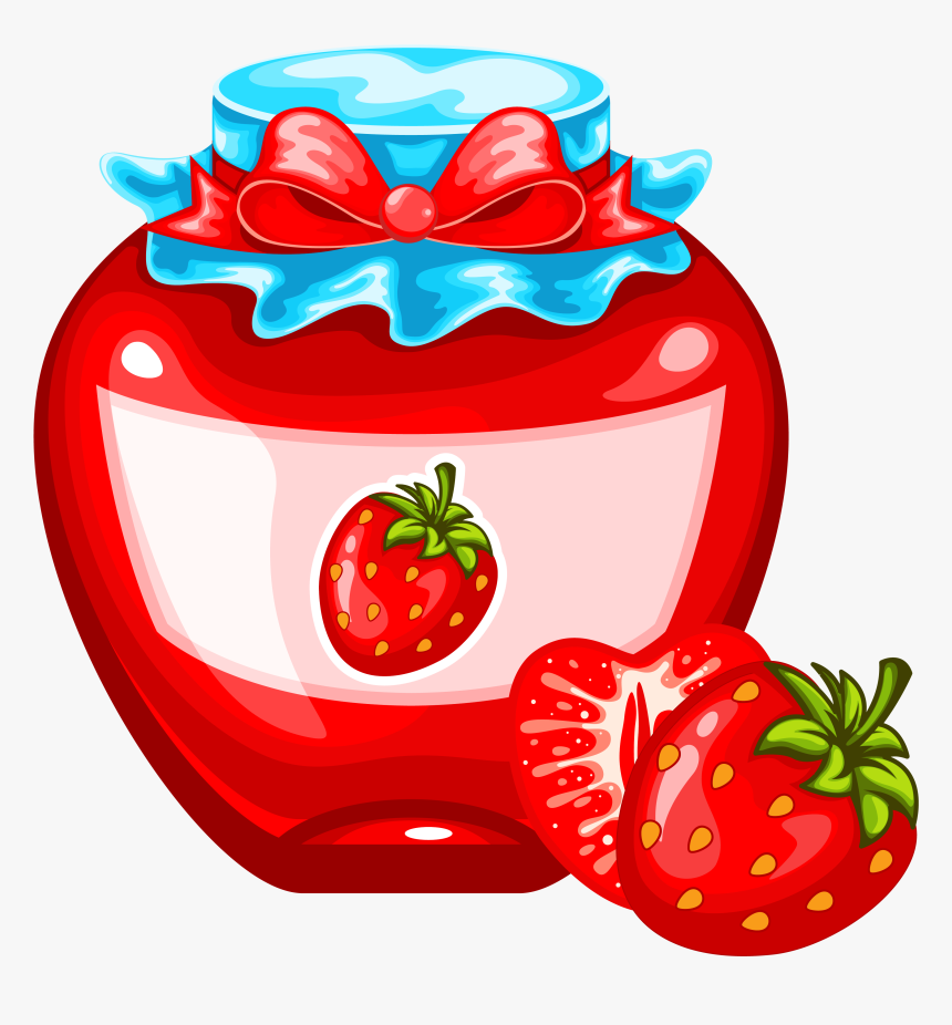 A glossy red jar of strawberry jam with a blue lid, red ribbon bow, and fresh strawberries beside it.