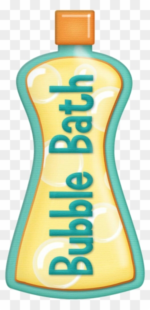 Illustrated bottle of bubble bath with teal label and orange cap on transparent background.