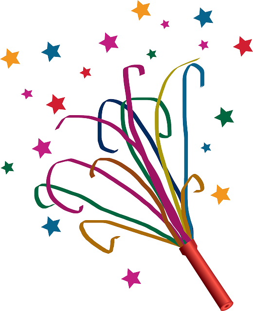Colorful party popper with streamers and stars bursting outward on white background.