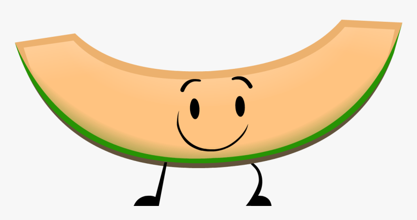 Smiling cartoon cantaloupe slice with green rind, black eyes, and stick legs standing upright.