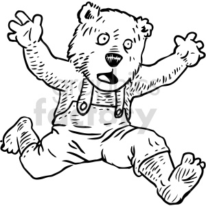 Black-and-white cartoon bear in overalls, arms raised in surprise or excitement, sitting mid-air with expressive face.