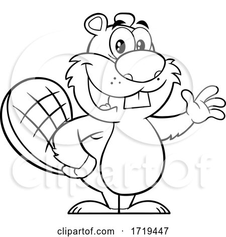 Friendly cartoon beaver waving with a tail featuring a grid pattern, black-and-white line art style.