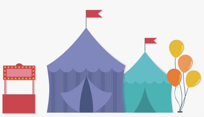 Colorful carnival scene with purple and teal tents, red flag, ticket booth, and balloons.