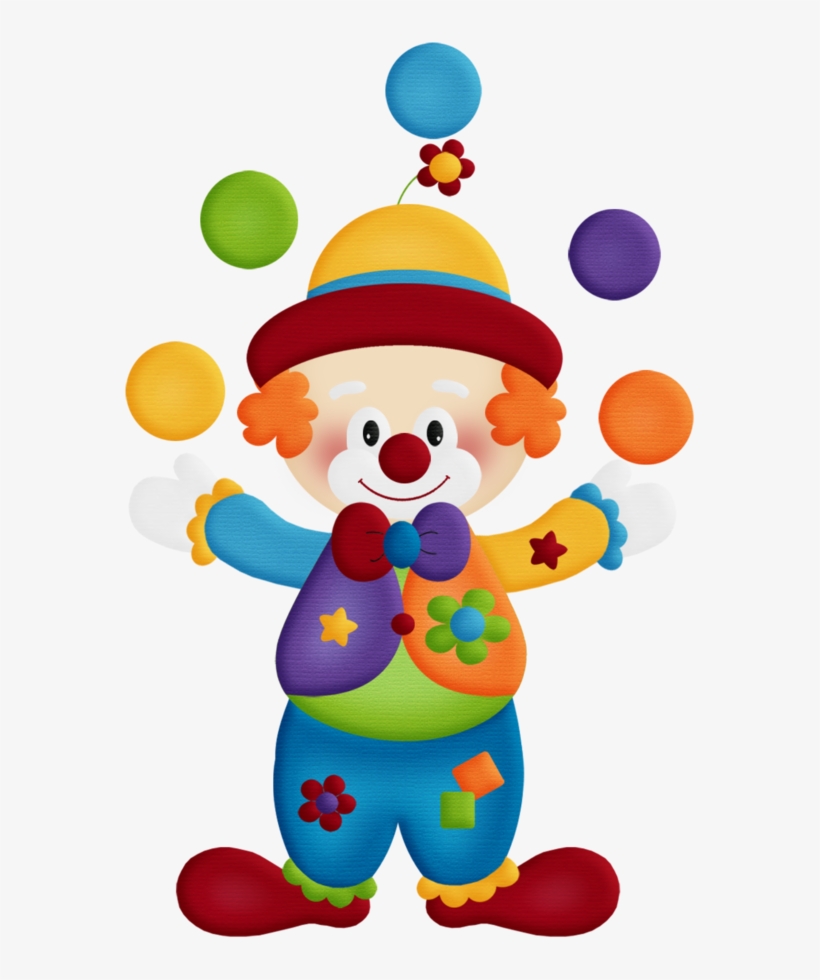 Cheerful cartoon clown juggling colorful balls, wearing a striped hat and patchwork outfit.