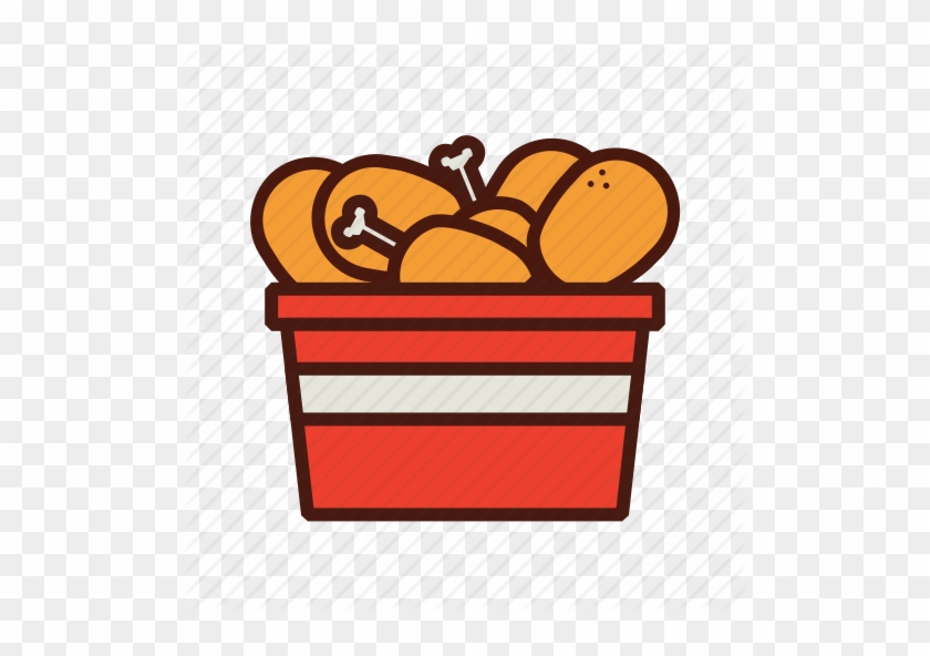 Red bucket filled with golden fried chicken pieces, including drumsticks and wings with visible bones.