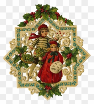 Vintage Victorian Christmas Card Illustration - Festive Children & Holly Design