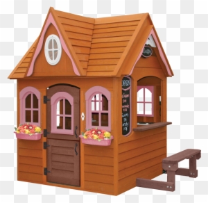 Charming wooden playhouse with pink trim, flower boxes, and a small bench-ideal for backyard imaginative play.