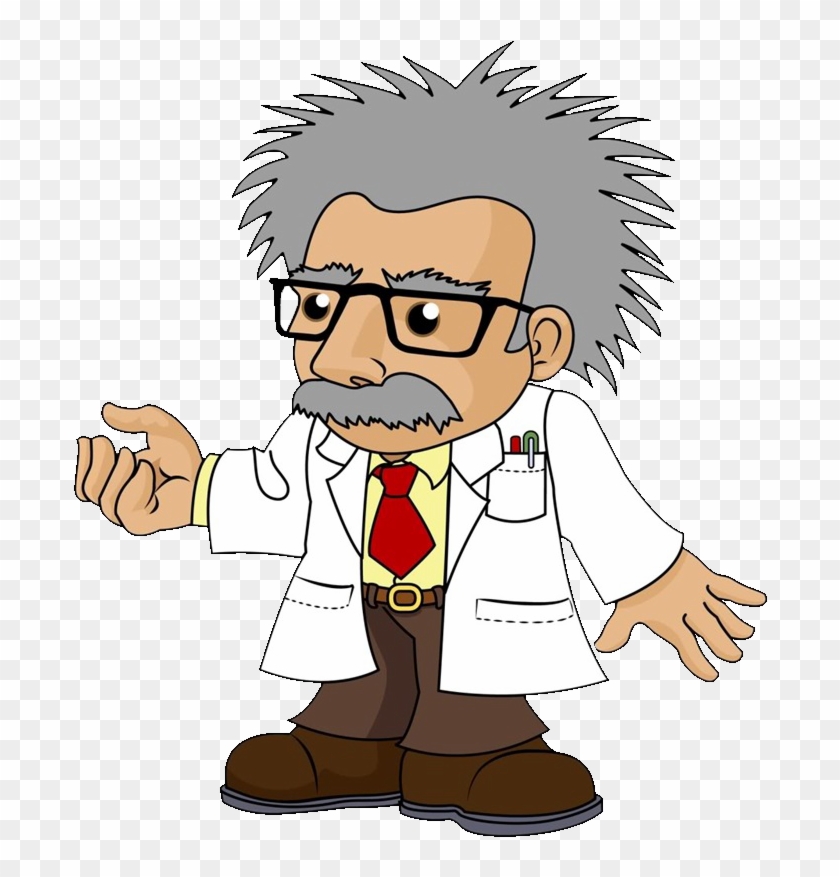 Cartoon scientist with wild gray hair, glasses, mustache, white lab coat, red tie, gesturing explanation.