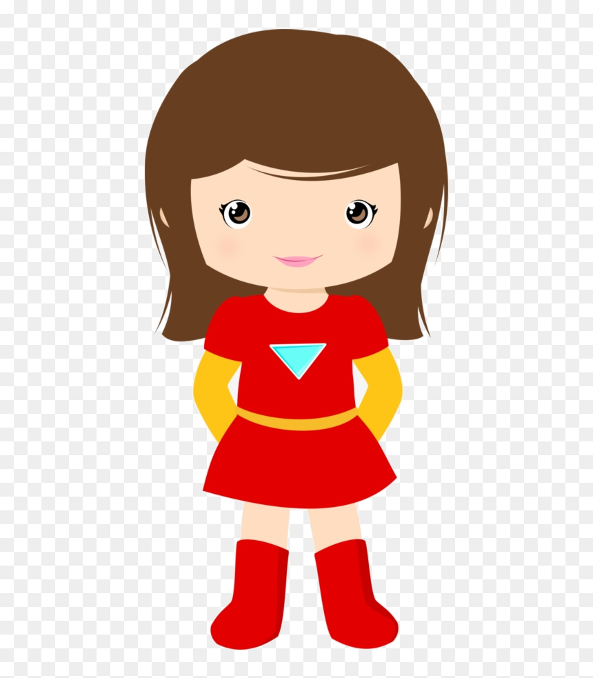 Cute cartoon girl in red superhero outfit with blue triangle emblem, brown hair, and red boots.