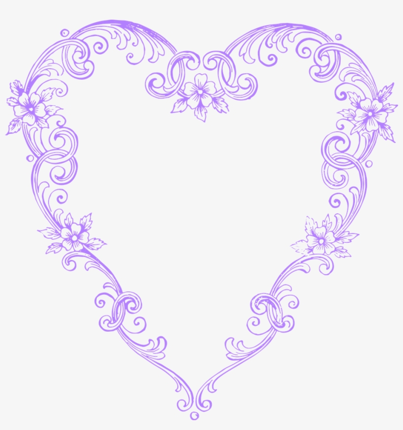 Purple ornate heart-shaped frame with floral scrollwork and decorative flourishes.