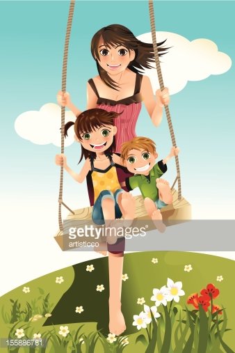 A smiling mother and two children joyfully swinging together on a wooden swing in a sunny meadow with flowers and clouds.