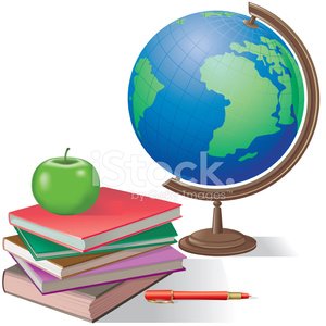 Stack of colorful books with green apple, red pen, and world globe on stand.