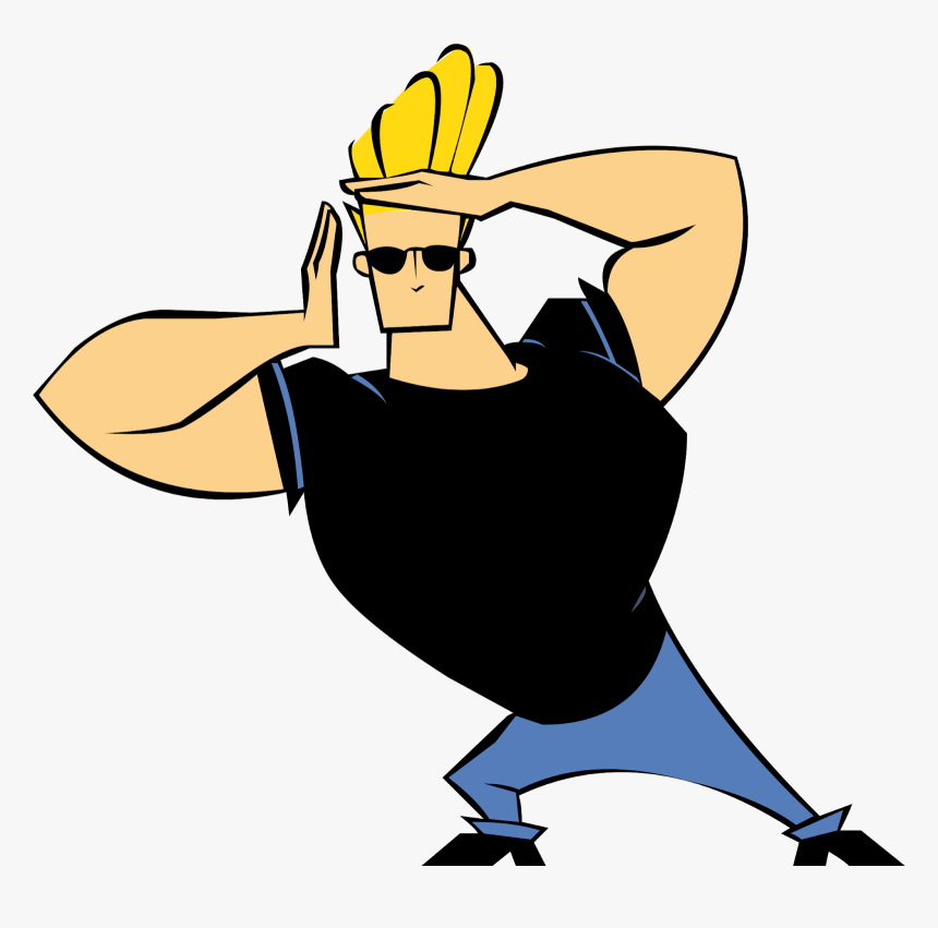 Animated muscular character with spiky blond hair, sunglasses, black shirt, and blue pants striking a confident pose.