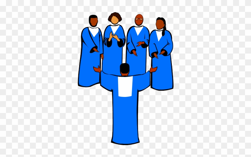 Five diverse choir members in blue robes singing together, one conducting from the front.
