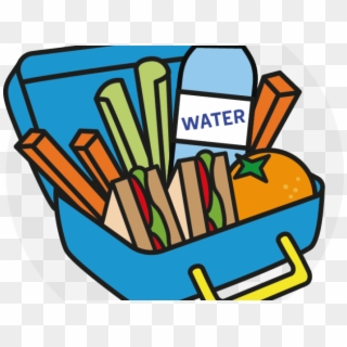 Blue lunchbox filled with sandwiches, carrot and celery sticks, an orange, and a water bottle.
