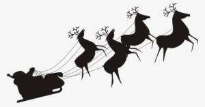 Silhouette of Santa Claus in sleigh pulled by four reindeer against white background.