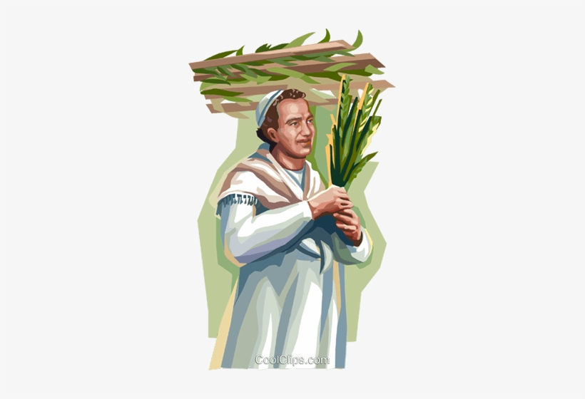 Jewish man in traditional tallit holding the Four Species (lulav and etrog) during Sukkot festival.