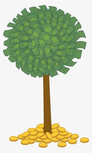 A stylized money tree with green banknotes as leaves and gold coins at its base, symbolizing wealth and financial growth.